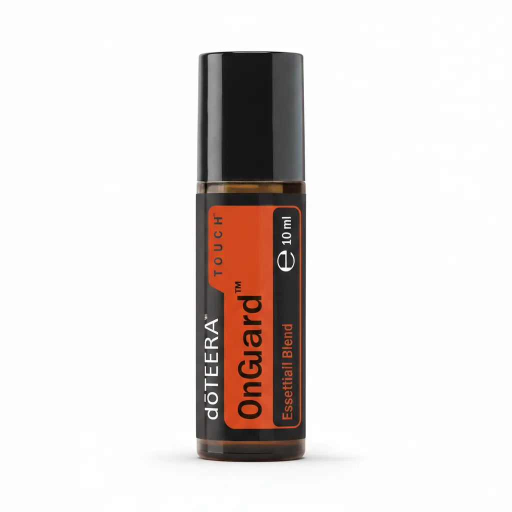 Frasco Roll-on de 10 ml de dōTERRA OnGuard™ Touch com rótulo cor de laranja e tampa preta, posicionado sobre fundo branco para destaque do produto.
