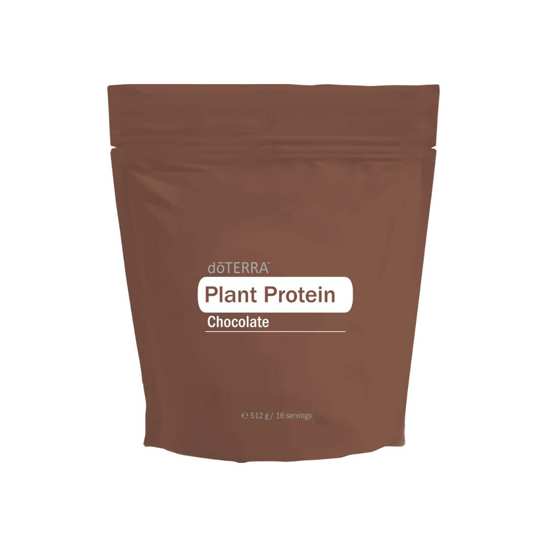 Pacote de proteina vegetal da doTERRA com sabor a chcolateem fundo branco