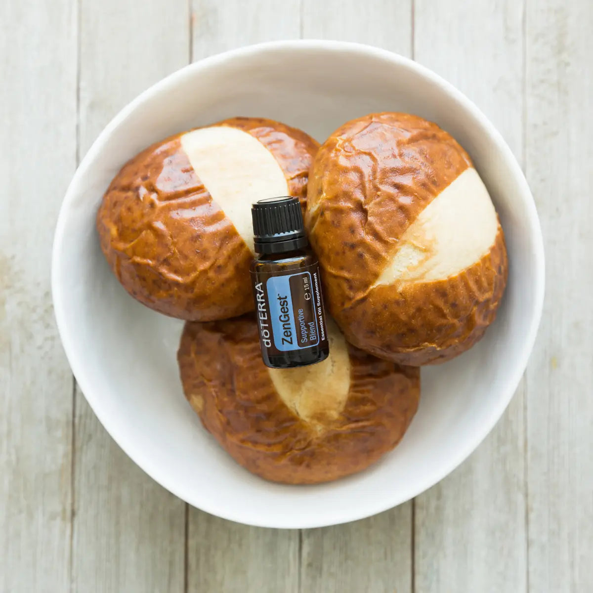 ZenGest doTERRA 15ml — frasco com pão e ingredientes naturais, óleo essencial digestivo puro CPTG