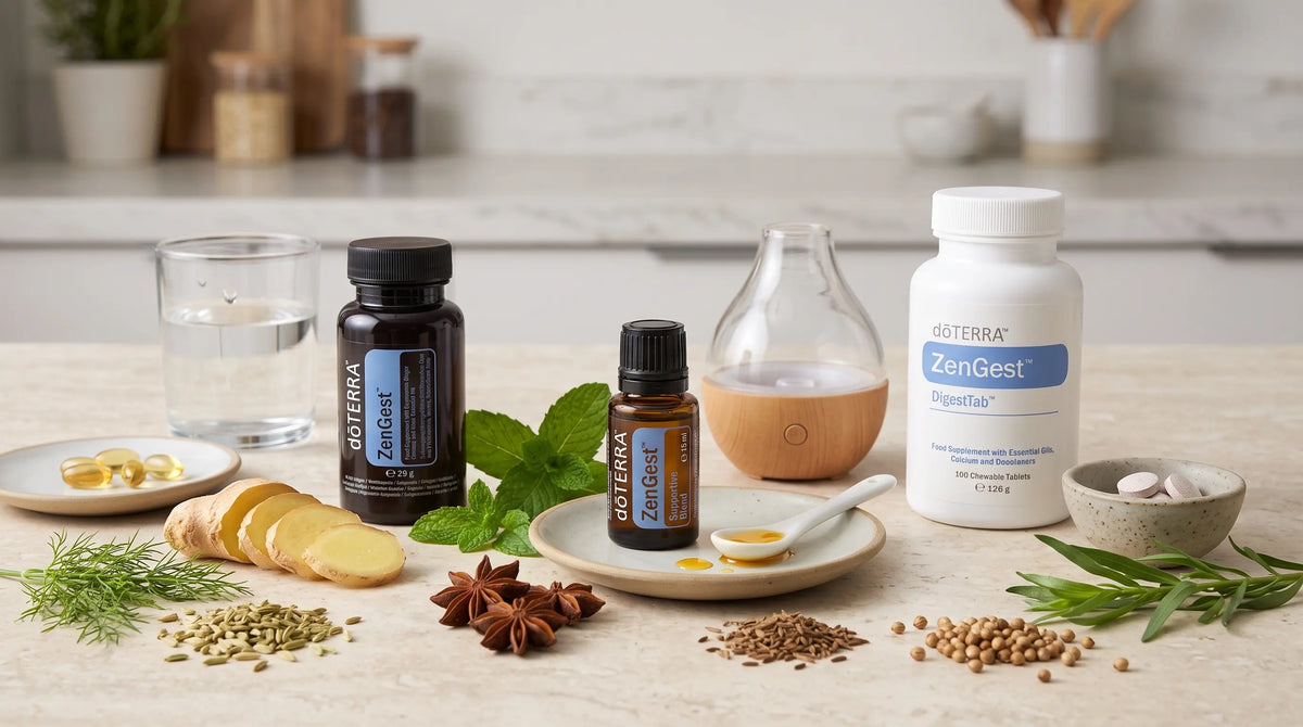 ZenGest doTERRA — coleção completa óleo 15ml, cápsulas e DigestTab, sistema digestivo, óleo essencial puro CPTG