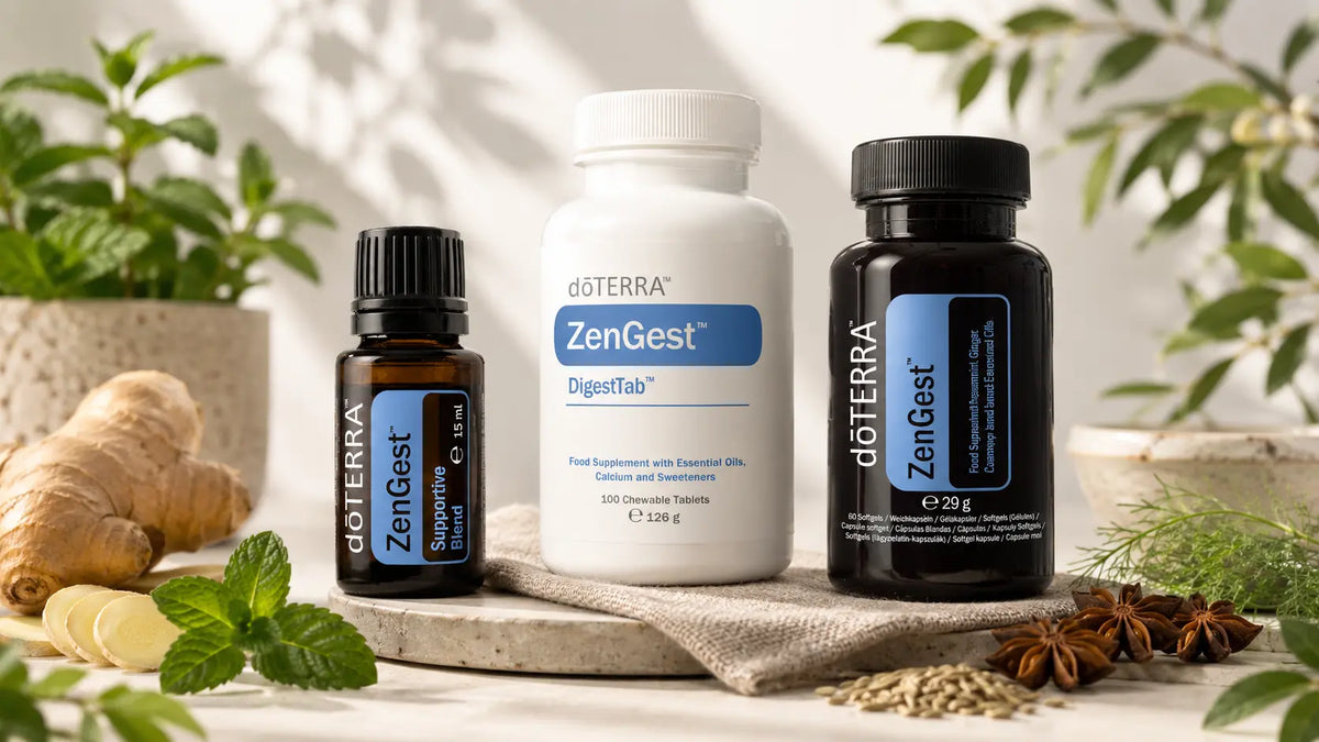 ZenGest doTERRA — kit digestivo com óleo, DigestTab e softgels, suporte ao bem-estar digestivo, óleo essencial puro CPTG