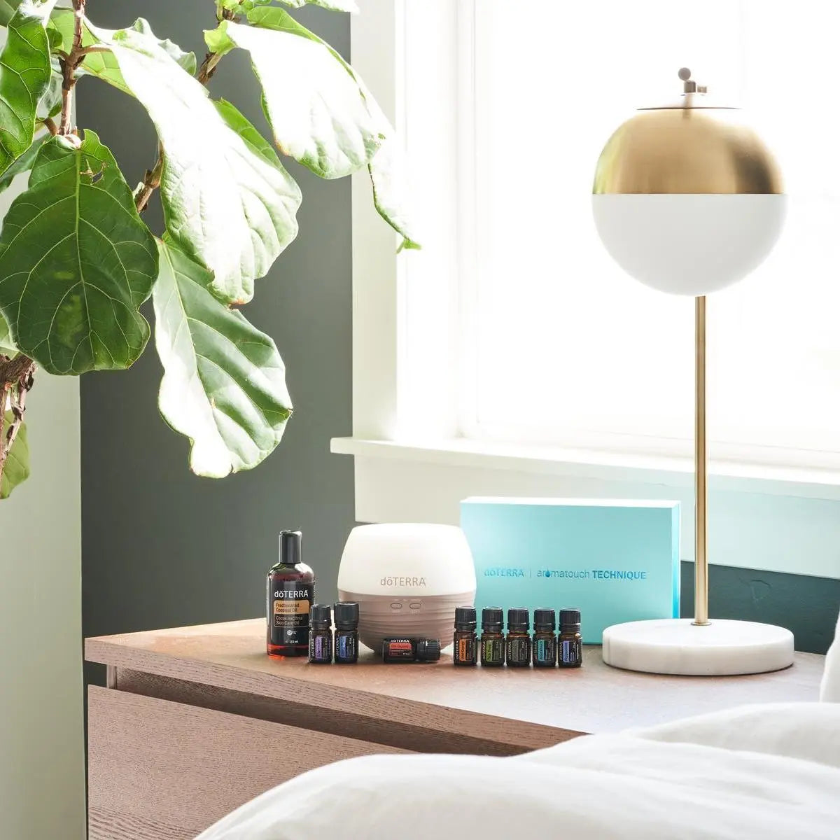 Kit AromaTouch Diffused doTERRA — difusor com óleos em mesinha de cabeceira com planta, aromaterapia