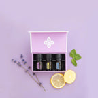 KIT introdutório dōTERRA três óleos essenciais fundo púrpura estúdio, aromaterapia, óleo essencial puro CPTG