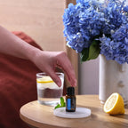 Mistura Air doTERRA 15ml — frasco em mesinha de madeira com hortênsias azuis e limão, frescura natural