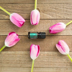 Mistura Align doTERRA 5ml — frasco em tábua de madeira rústica com tulipas rosas, vista zenital, equilíbrio emocional