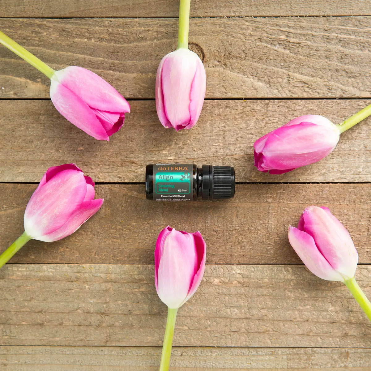 Mistura Align doTERRA 5ml — frasco em tábua de madeira rústica com tulipas rosas, vista zenital, equilíbrio emocional