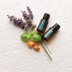 AromaTouch doTERRA 15ml dois frascos lavanda manjericão laranja superfície rugosa, massagem óleo essencial CPTG
