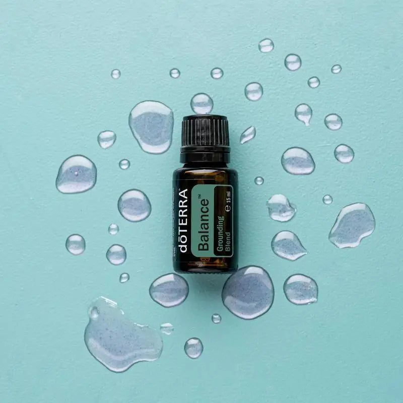 Balance doTERRA 15ml frasco fundo turquesa gotas água zenital, equilíbrio emocional óleo essencial CPTG