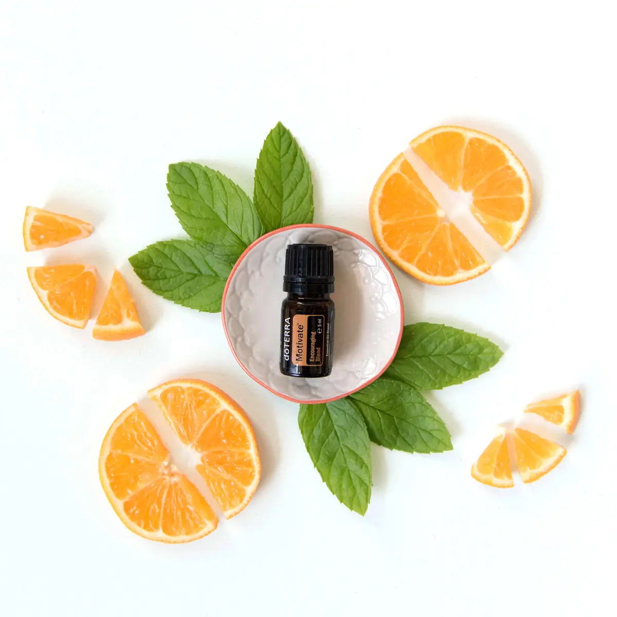 Motivate doTERRA 5ml tigela cerâmico rosa folhas hortã ródelas laranja zenital, bem-estar emocional
