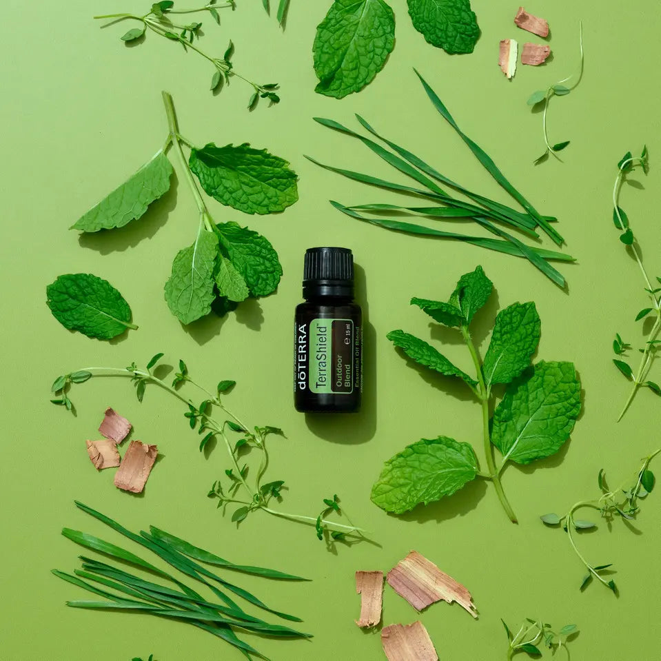 TerraShield doTERRA 15ml — ervas hortelã e tomilho com casca, fundo verde lima, vista zenital, óleo essencial puro CPTG