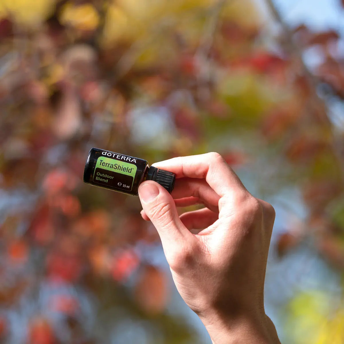 TerraShield doTERRA 15ml — mão segurando frasco com folhas de outono vermelhas, bokeh natural, aromaterapia