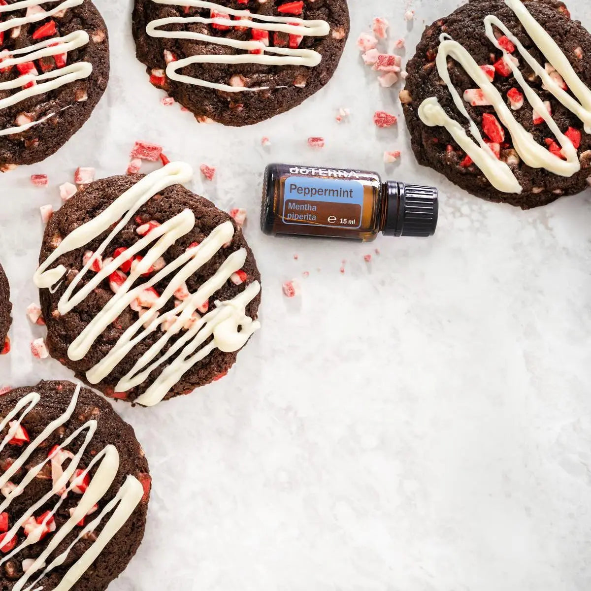 Óleo Essencial Hortelã-Pimenta doTERRA 15ml — bolachas de chocolate candy cane com glacagem, uso culinário e aromaterapia