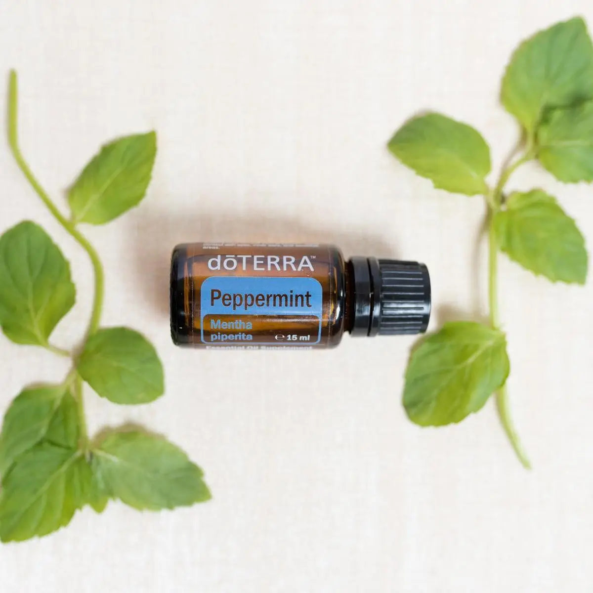Óleo Essencial Hortelã-Pimenta doTERRA 15ml — ramos de hortelã fresca em fundo linho creme, pureza natural CPTG