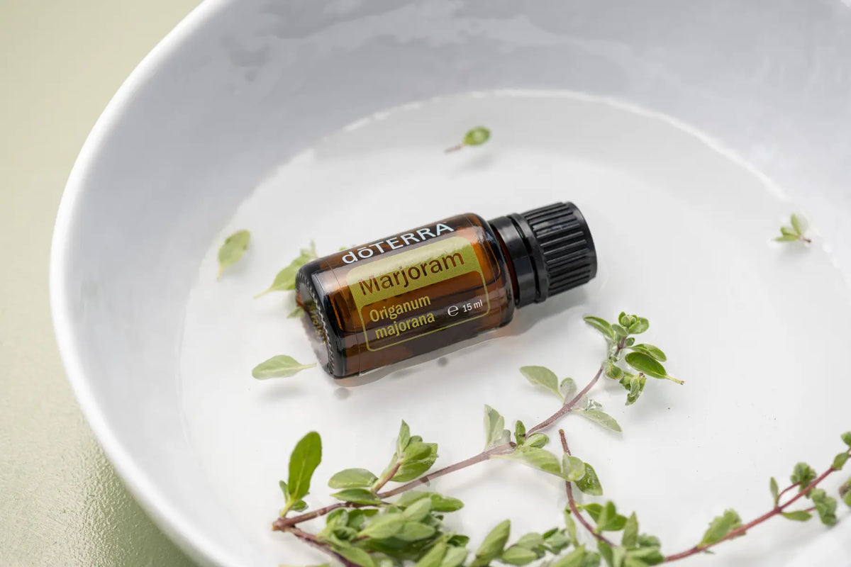 Óleo Essencial Manjerona doTERRA 15ml — frasco sobre tigela branca com raminho de manjerona fresca, aromaterapia, óleo essencial puro CPTG