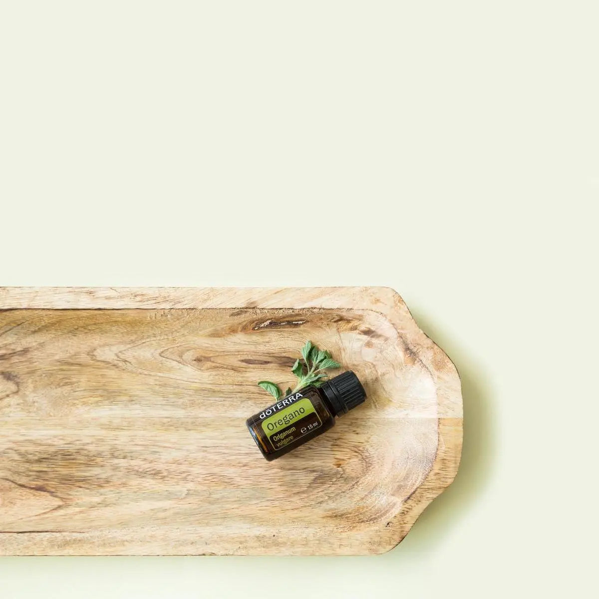 Óleo Essencial Orégão doTERRA 15ml — frasco em bandeja de madeira rústica com raminho de orégão fresco, aromaterapia, óleo essencial puro CPTG