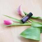 Óleo Essencial Patchouli doTERRA 15ml — frasco sobre madeira clara com tulipas rosas e folhas verdes, aromaterapia, óleo essencial puro CPTG