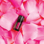 Óleo Essencial de Rosa doTERRA 5ml — pétalas rosa fucsia em flat lay vista zenital, aromaterapia, óleo essencial puro CPTG