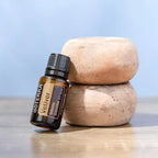 Óleo Essencial de Vetiver doTERRA 15ml — pedras empilhadas em madeira com fundo azul, aromaterapia, óleo essencial puro CPTG