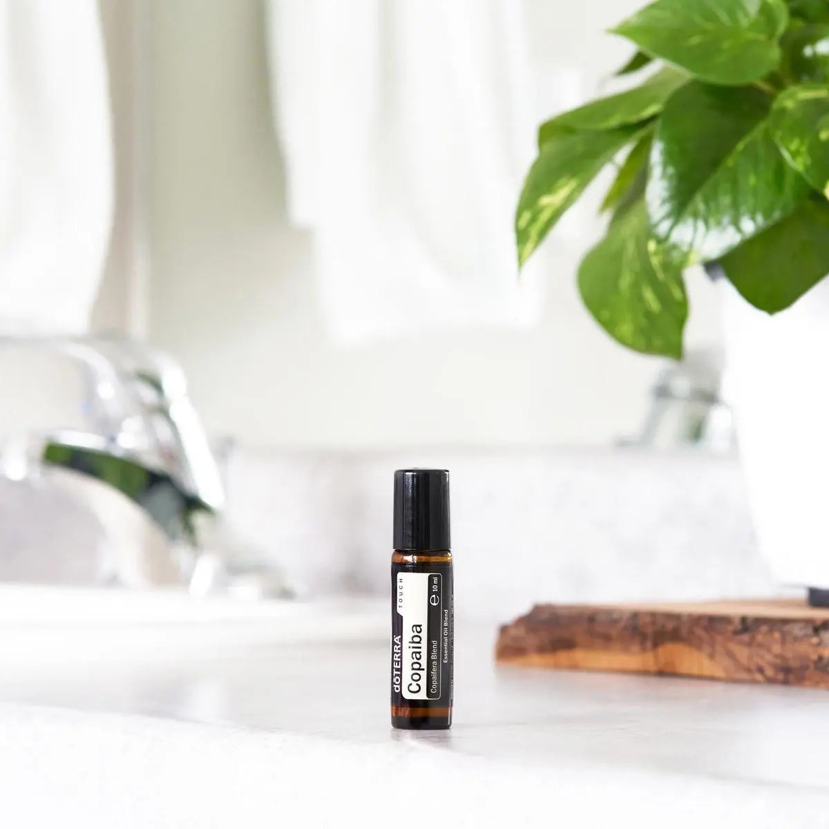Copaiba Touch doTERRA Roll-on 10ml — bancada de banho com torneira e planta pothos, bem-estar natural CPTG