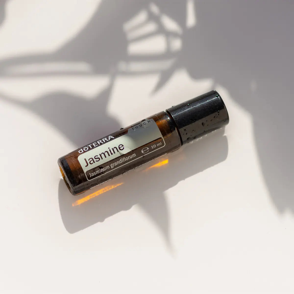 Roll-On Jasmim Touch doTERRA 10ml — sombras de folhas em superfície branca, aromaterapia natural jasmim doTERRA