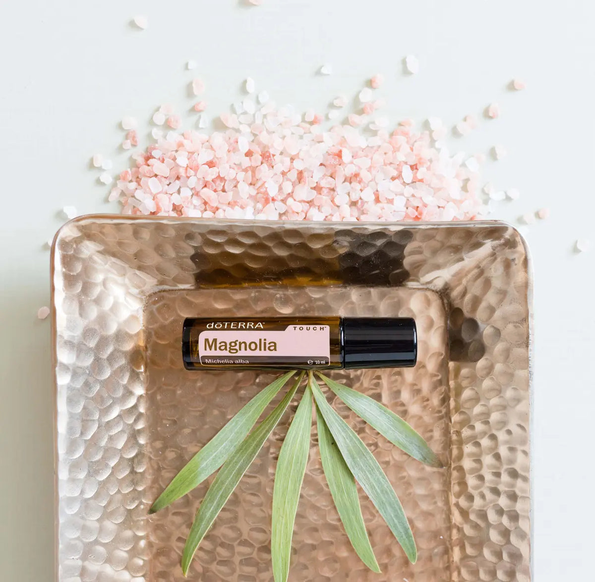 Roll-On Magnólia Touch doTERRA 10ml — bandeja de cobre martelado com sal rosa e folha, óleo essencial puro CPTG