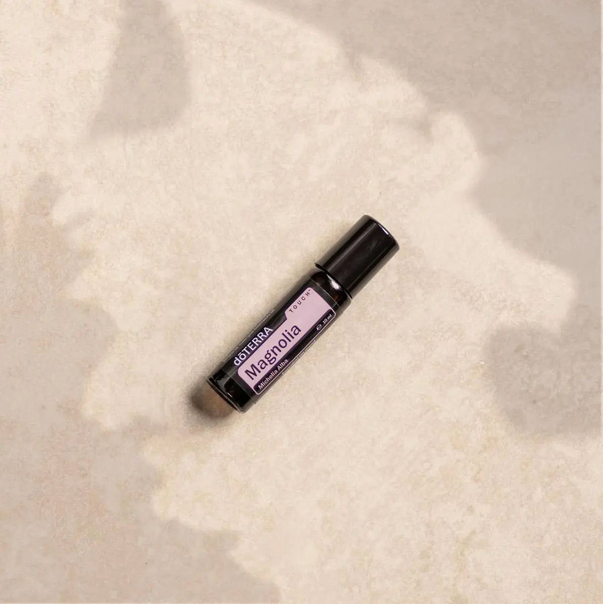 Roll-On Magnólia Touch doTERRA 10ml — deitado em pedra bege com sombras de folhas, aromaterapia natural CPTG