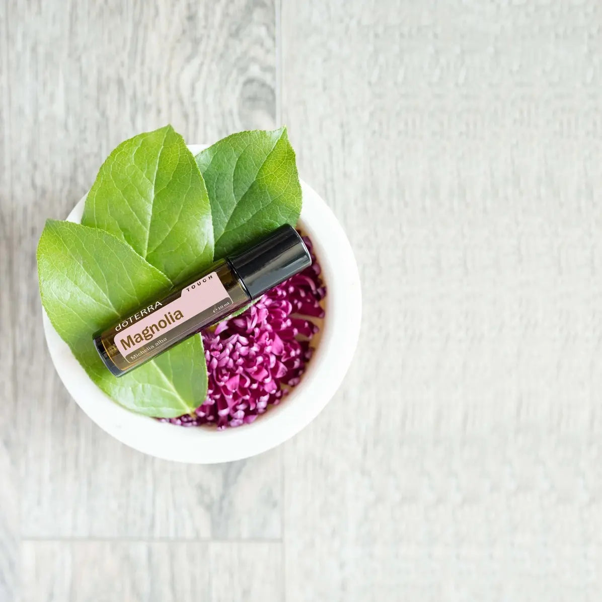 Roll-On Magnólia Touch doTERRA 10ml — tigela branca com flores lilás e folhas verdes vista de cima, óleo essencial puro