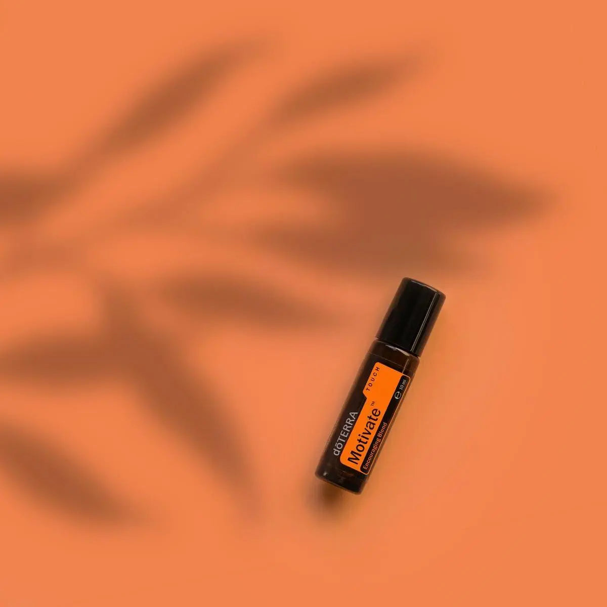 Roll-On Motivate Touch doTERRA 10ml — fundo laranja com sombras de palmeira, mistura motivacional óleo essencial CPTG