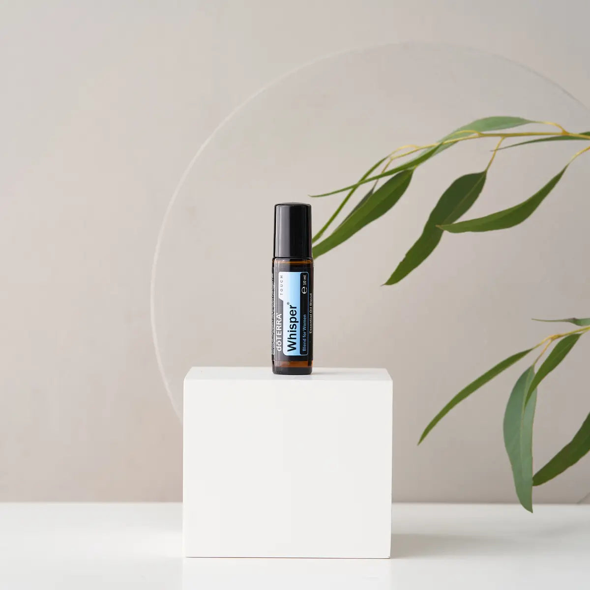 Whisper Touch doTERRA Roll-On 10ml — cubo branco com espelho circular e eucalipto, mistura feminina CPTG
