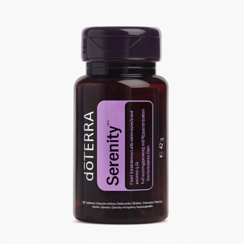 Frasco de Serenity Softgels da doTERRA, suplemento natural para o bem-estar e o descanso