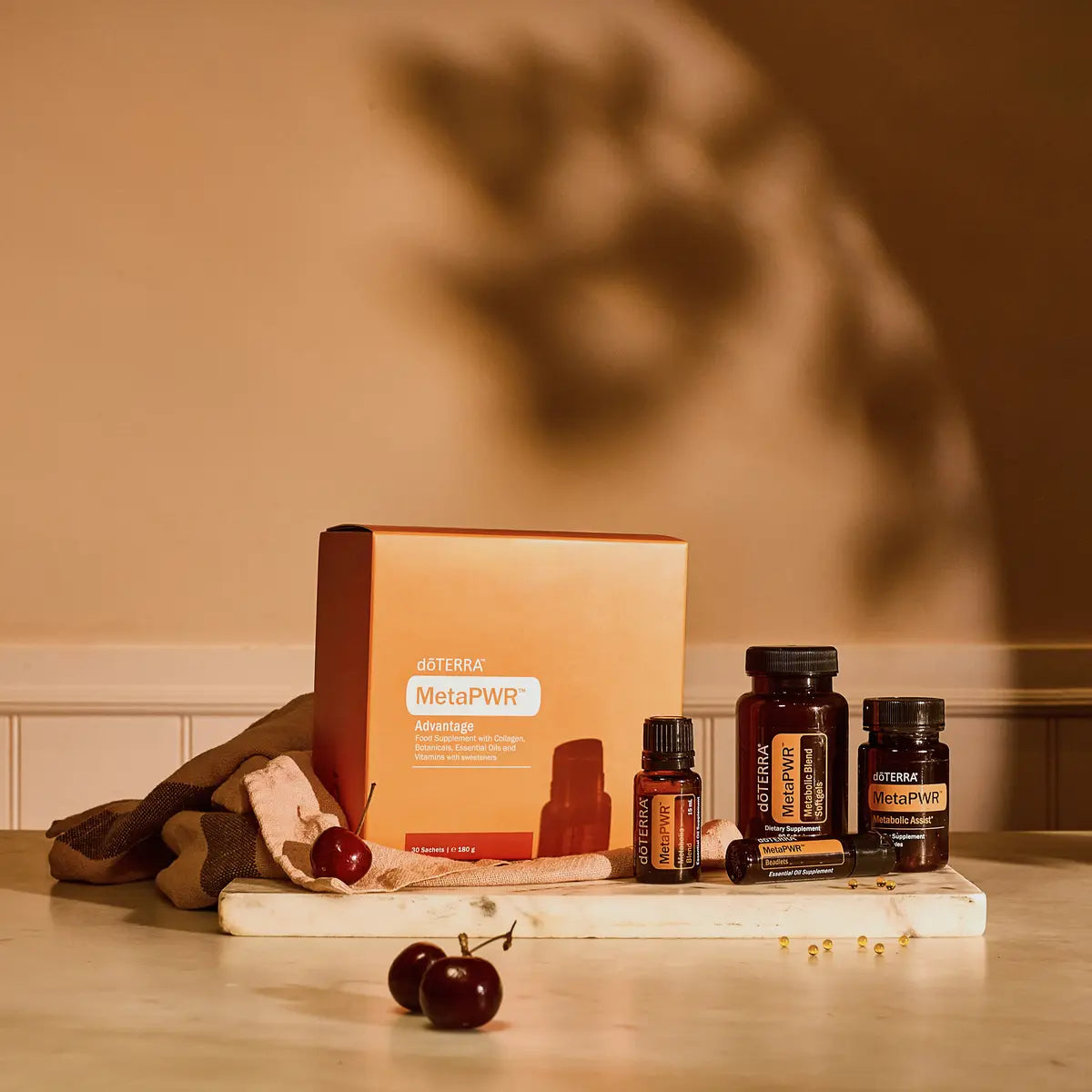 Sistema Meta-PWR doTERRA 2026 — coleção completa sobre manta com cerejas, suplemento metabolismo