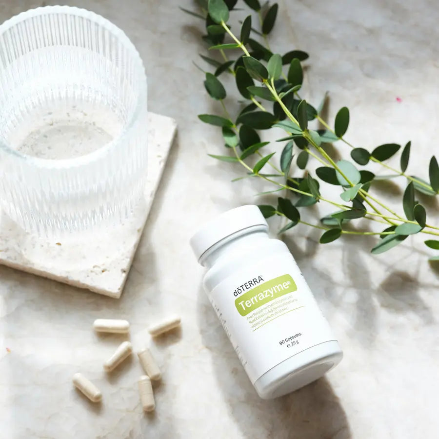 TerraZyme doTERRA 90 ct — frasco sobre mármore com vaso de água e eucalipto, suplemento enzimas digestivas natural