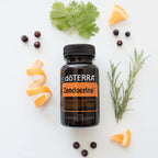 Cápsulas moles Zendocrine doTERRA com botânicas mandarina zimbro e alecrim vista de cima — suplemento detox com óleos essenciais CPTG