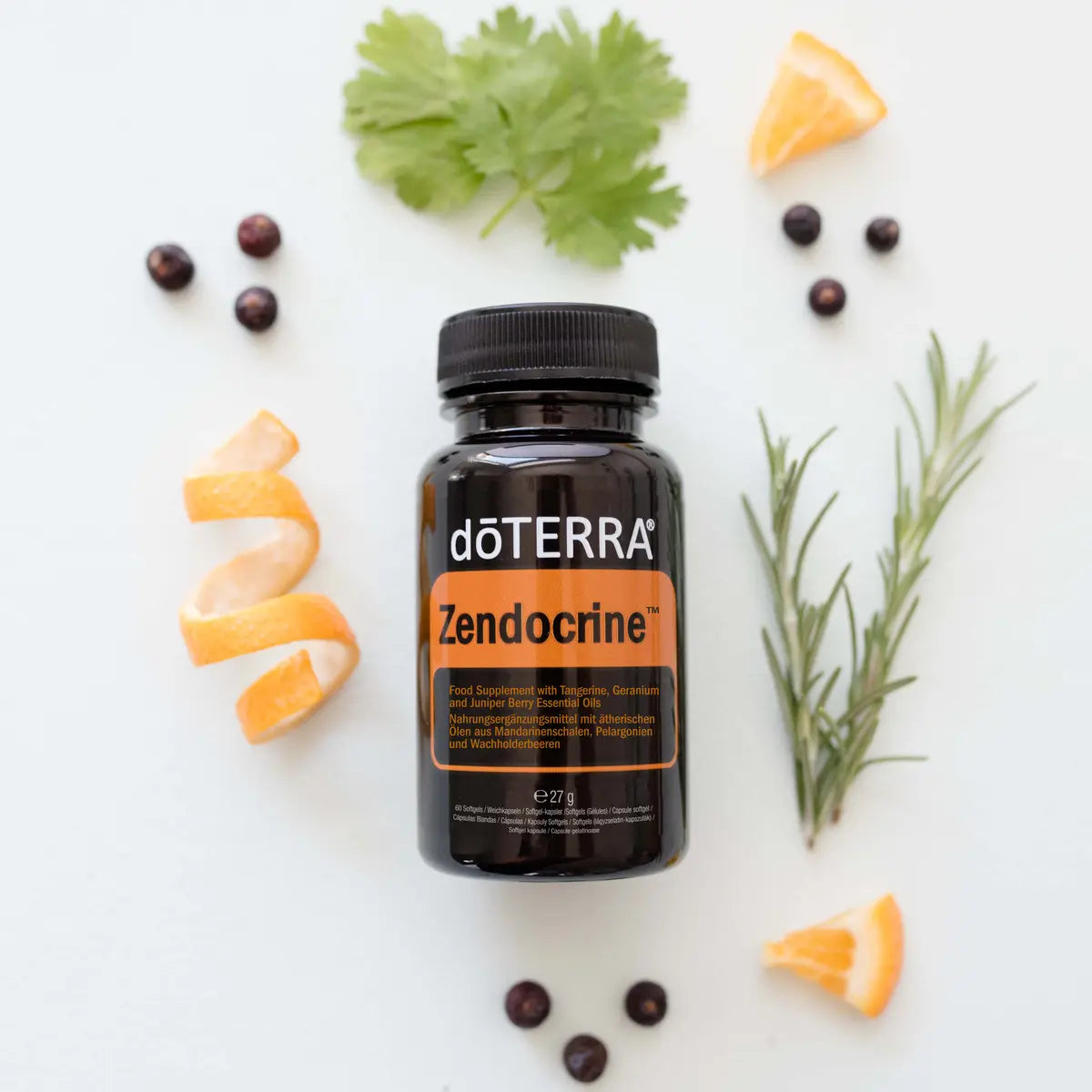 Cápsulas moles Zendocrine doTERRA com botânicas mandarina zimbro e alecrim vista de cima — suplemento detox com óleos essenciais CPTG
